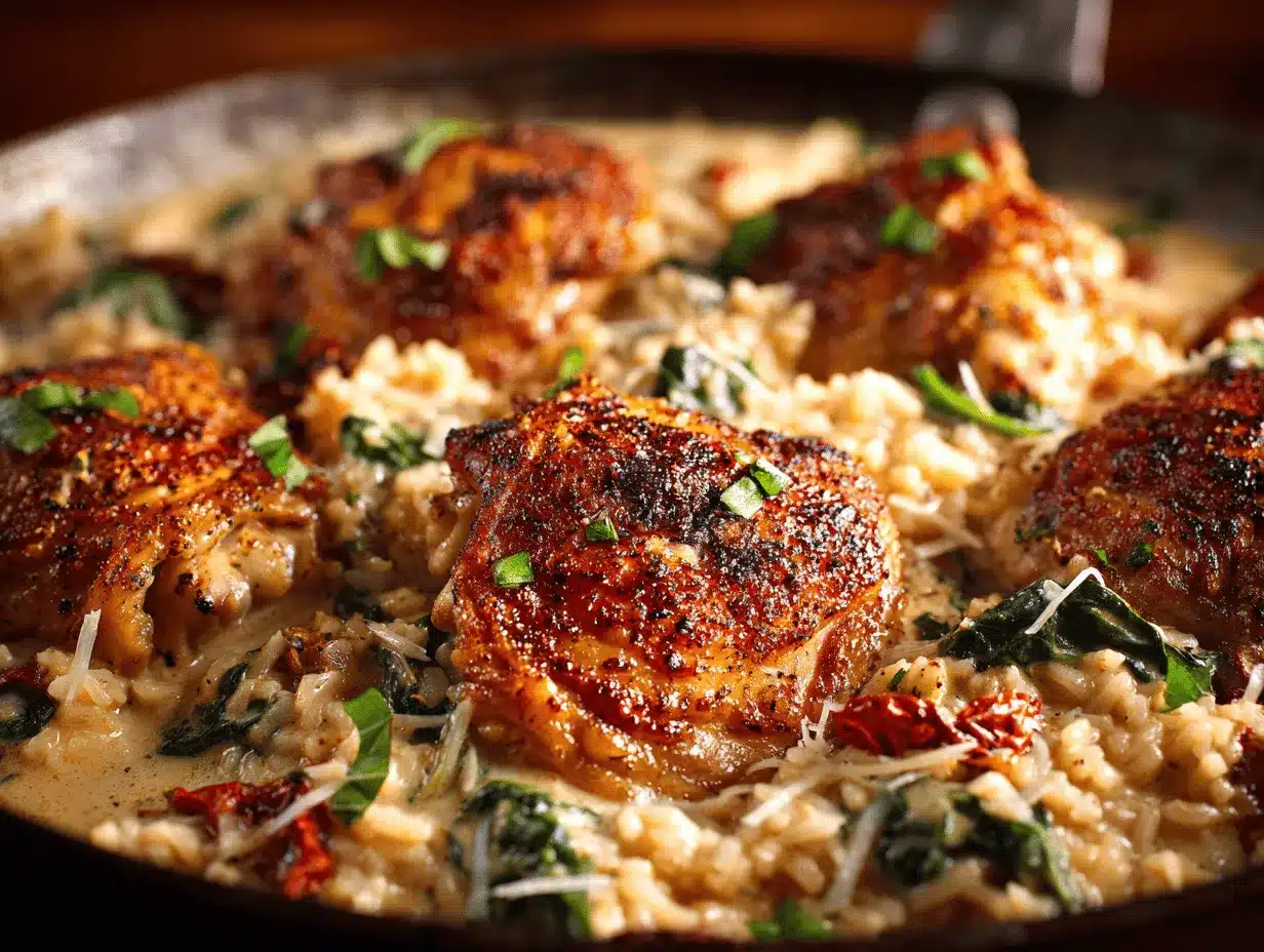 creamy Tuscan chicken and parmesan rice skillet preparation steps