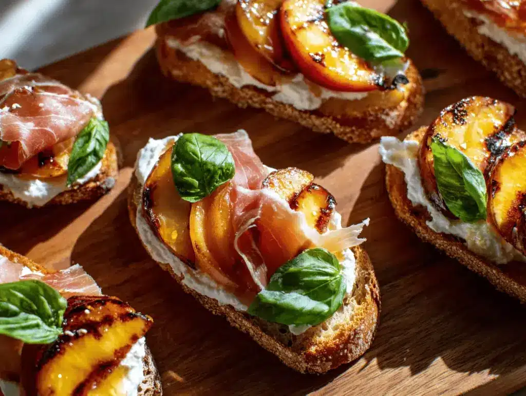 grilled peach burrata crostini - featured image