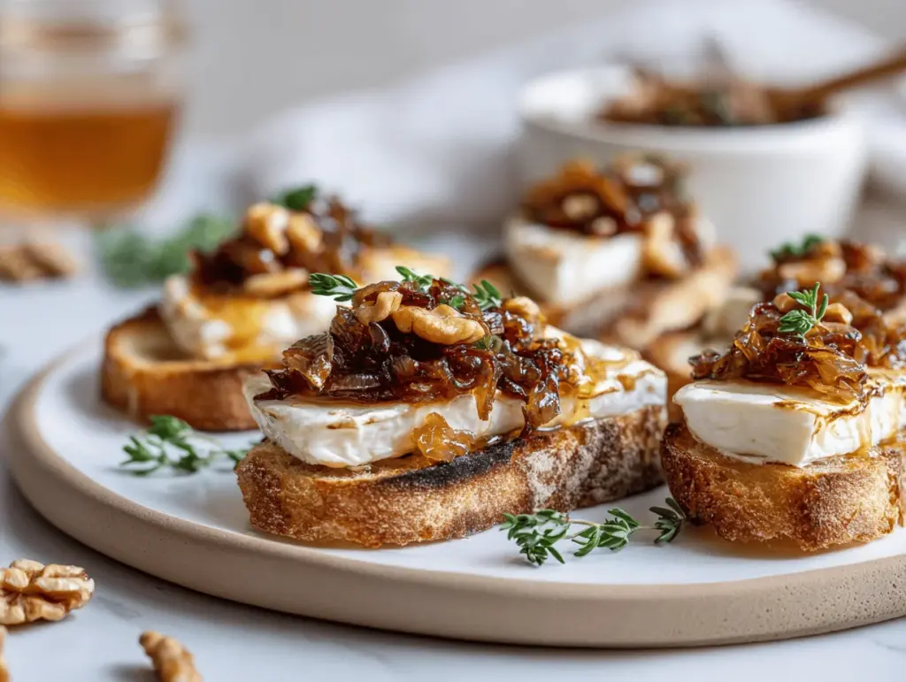 honey brie and caramelized onion crostini - featured image