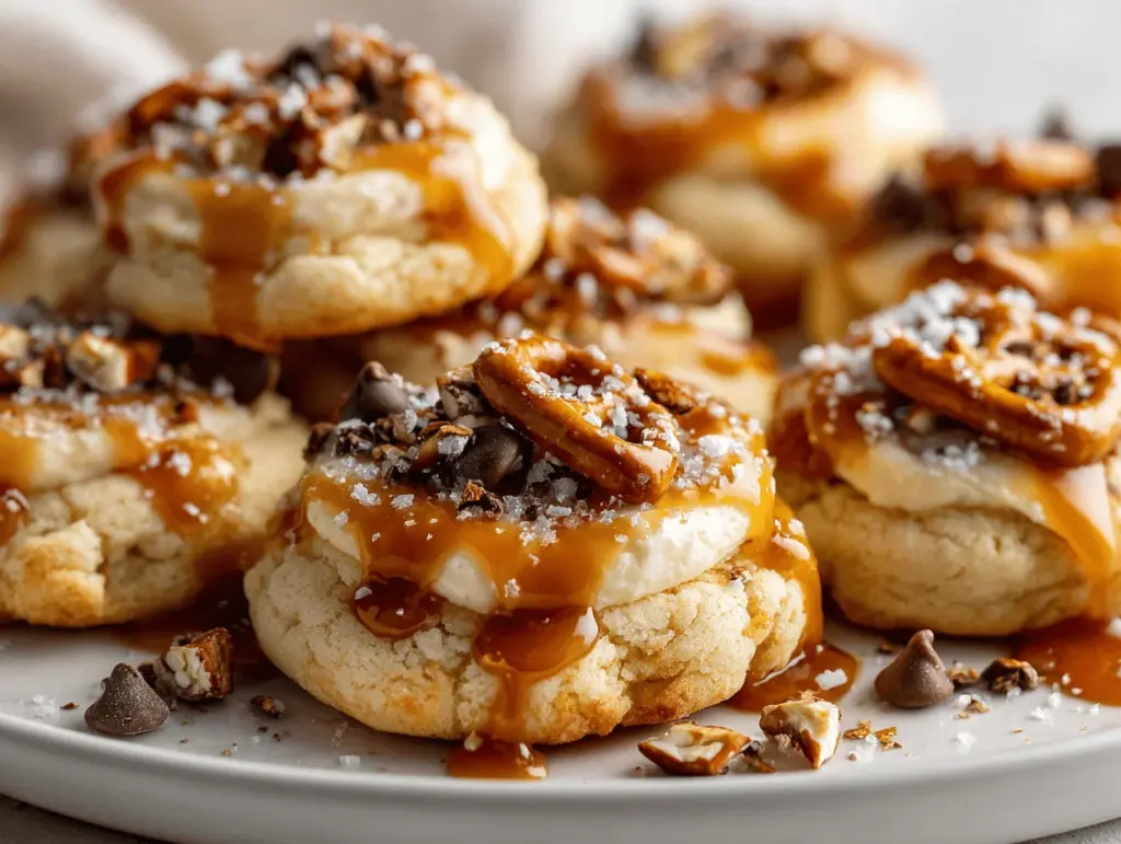 salted caramel pretzel cheesecake cookies - featured image
