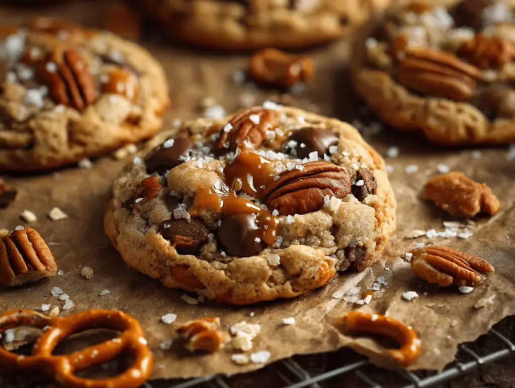 salted caramel pretzel cowboy cookies - featured image