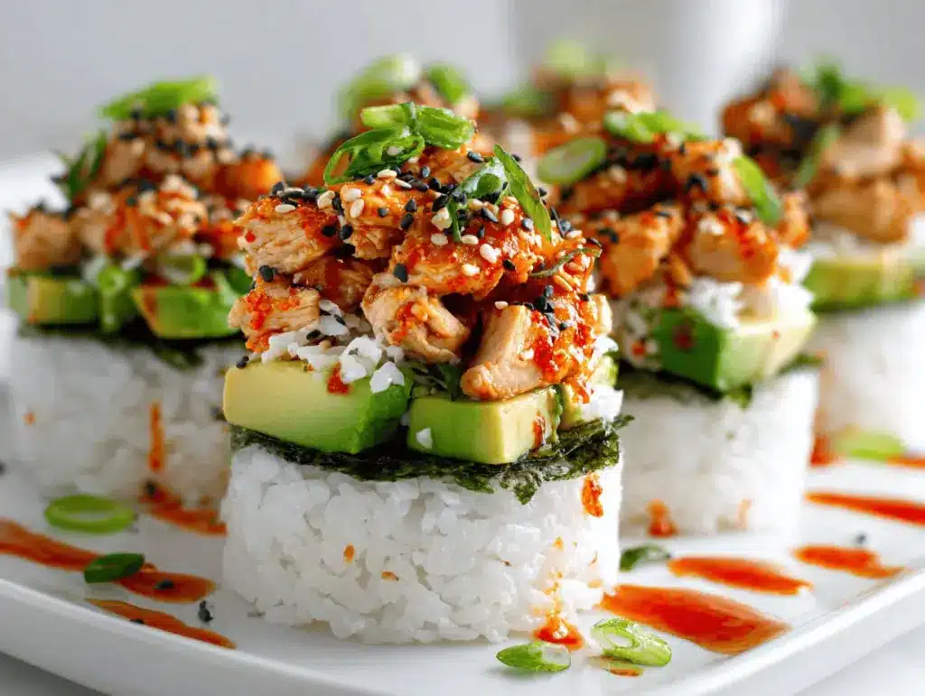 spicy chicken avocado sushi stacks - featured image