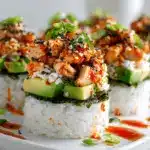 spicy chicken avocado sushi stacks - featured image