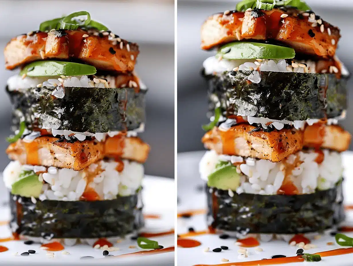 spicy chicken avocado sushi stacks preparation steps