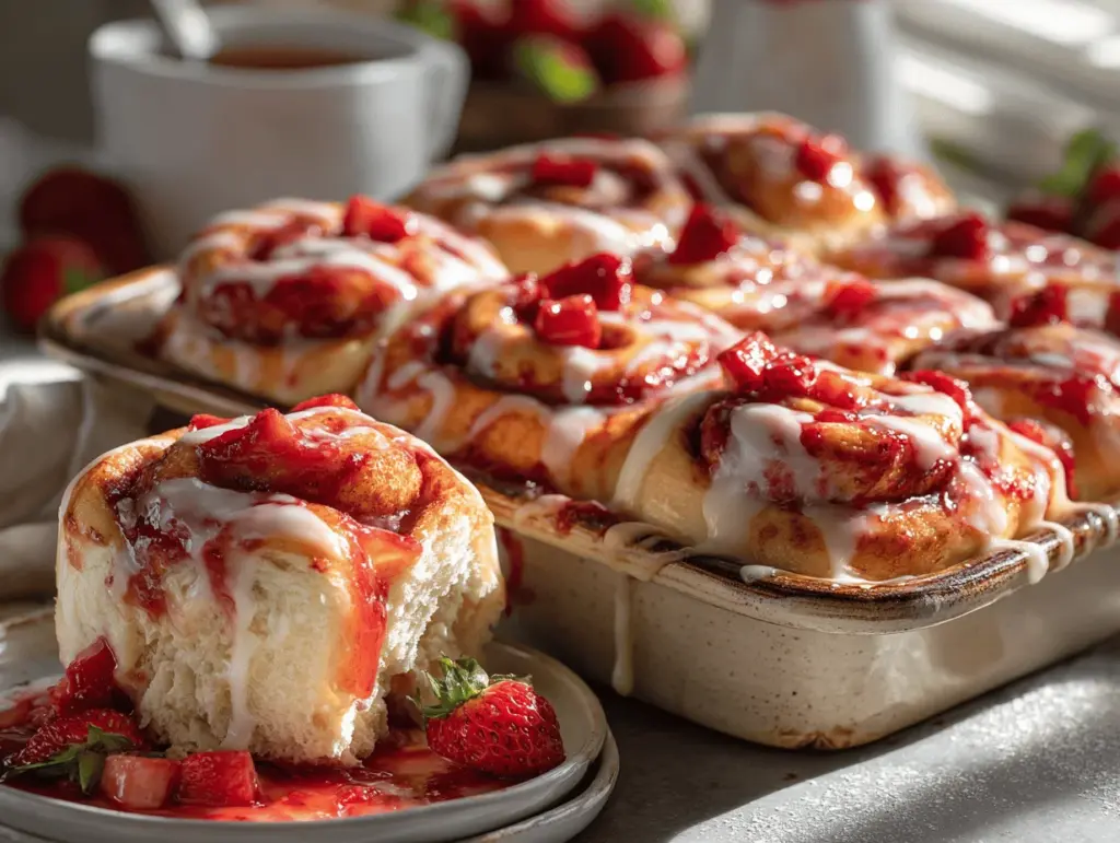 strawberry cheesecake stuffed cinnamon rolls - featured image