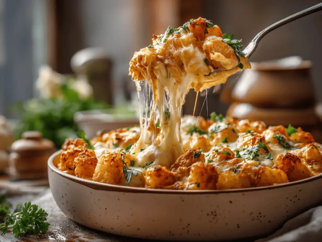 Buffalo Chicken Alfredo Tater Tot Casserole - featured image