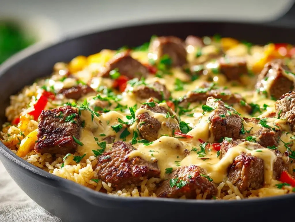 cheesy steak and rice skillet - featured image