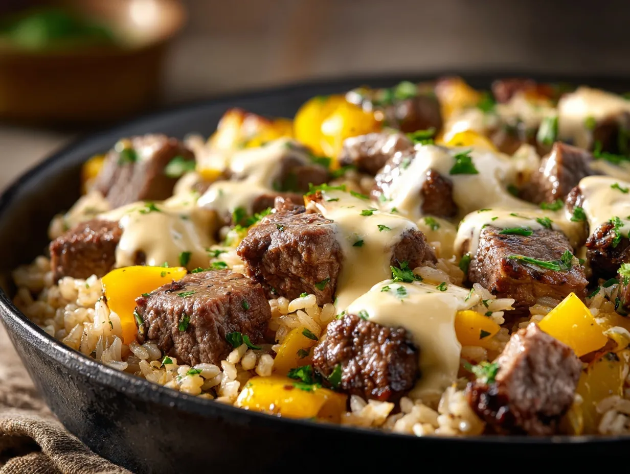 cheesy steak and rice skillet preparation steps