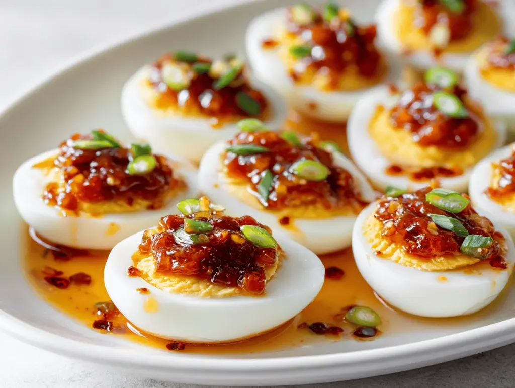 chili garlic deviled eggs - featured image