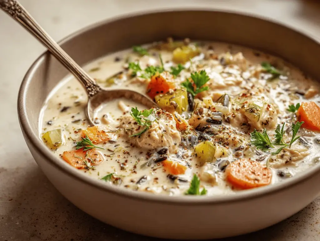 creamy crockpot chicken wild rice soup - featured image