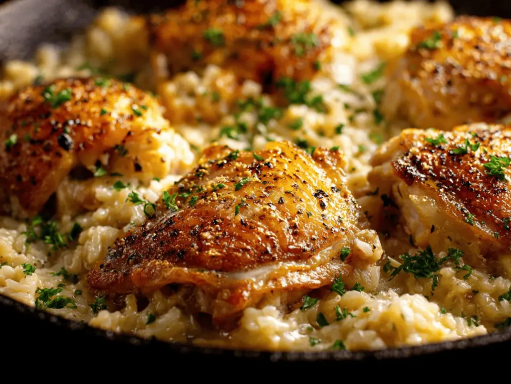 creamy garlic parmesan chicken and rice bake - featured image