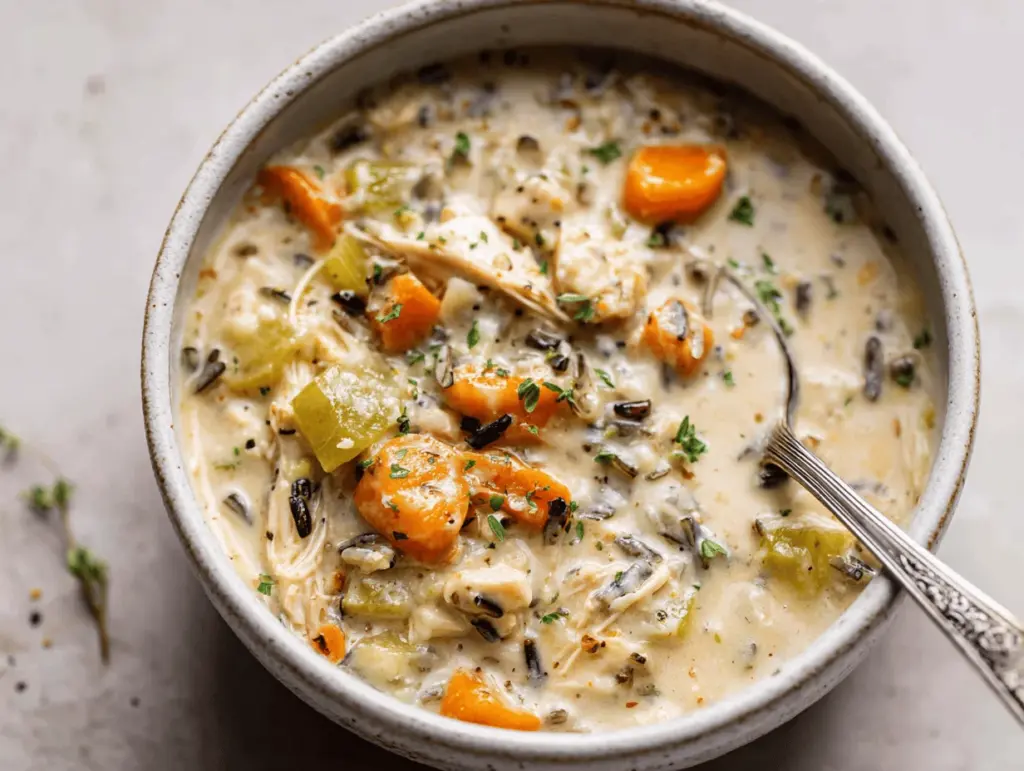 crockpot creamy chicken and wild rice soup - featured image