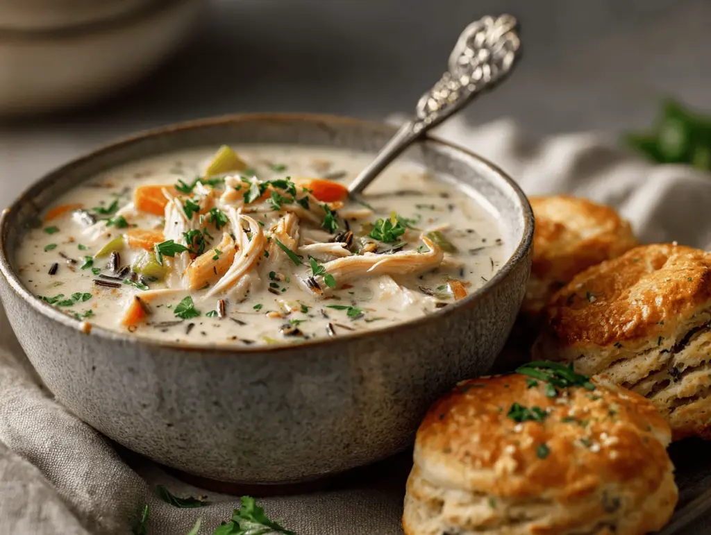 crockpot creamy chicken and wild rice soup - featured image