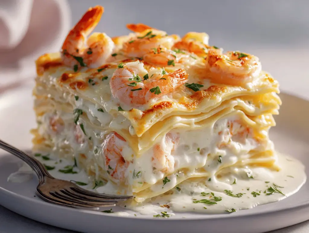 garlic butter shrimp scampi lasagna - featured image