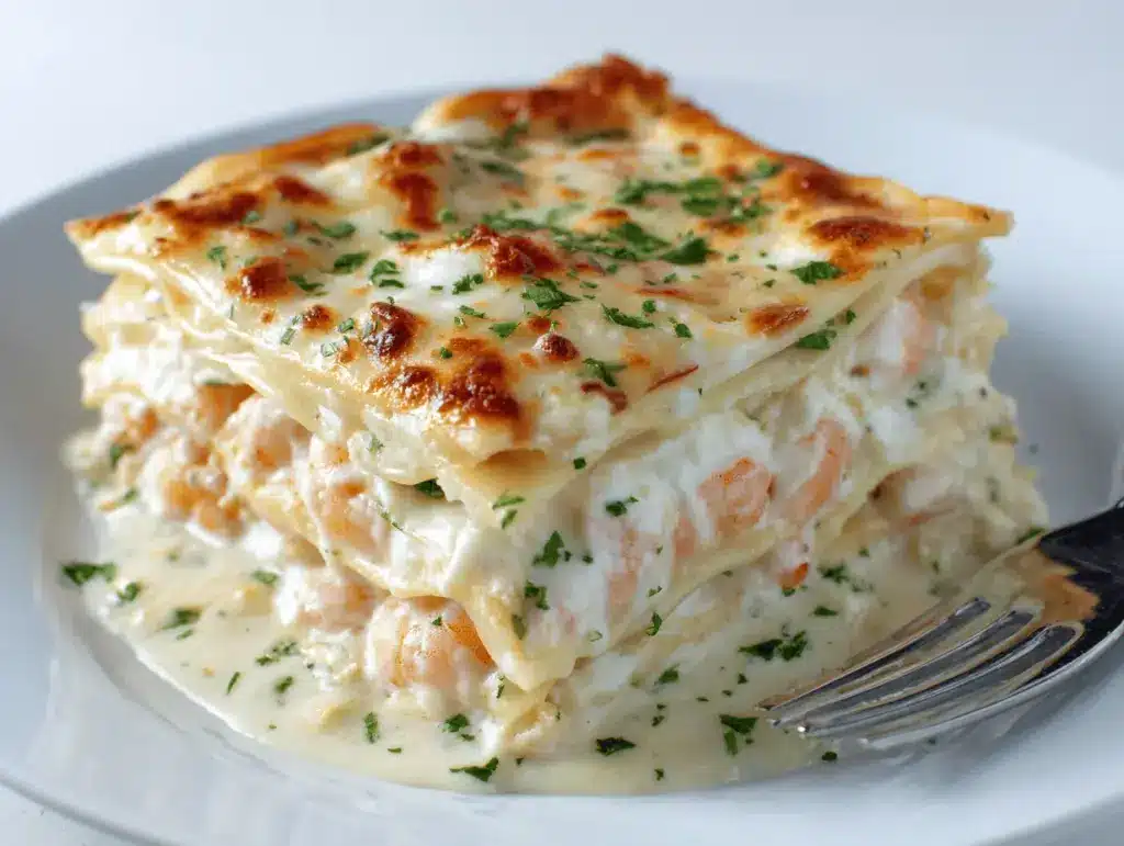 garlic butter shrimp scampi lasagna - featured image