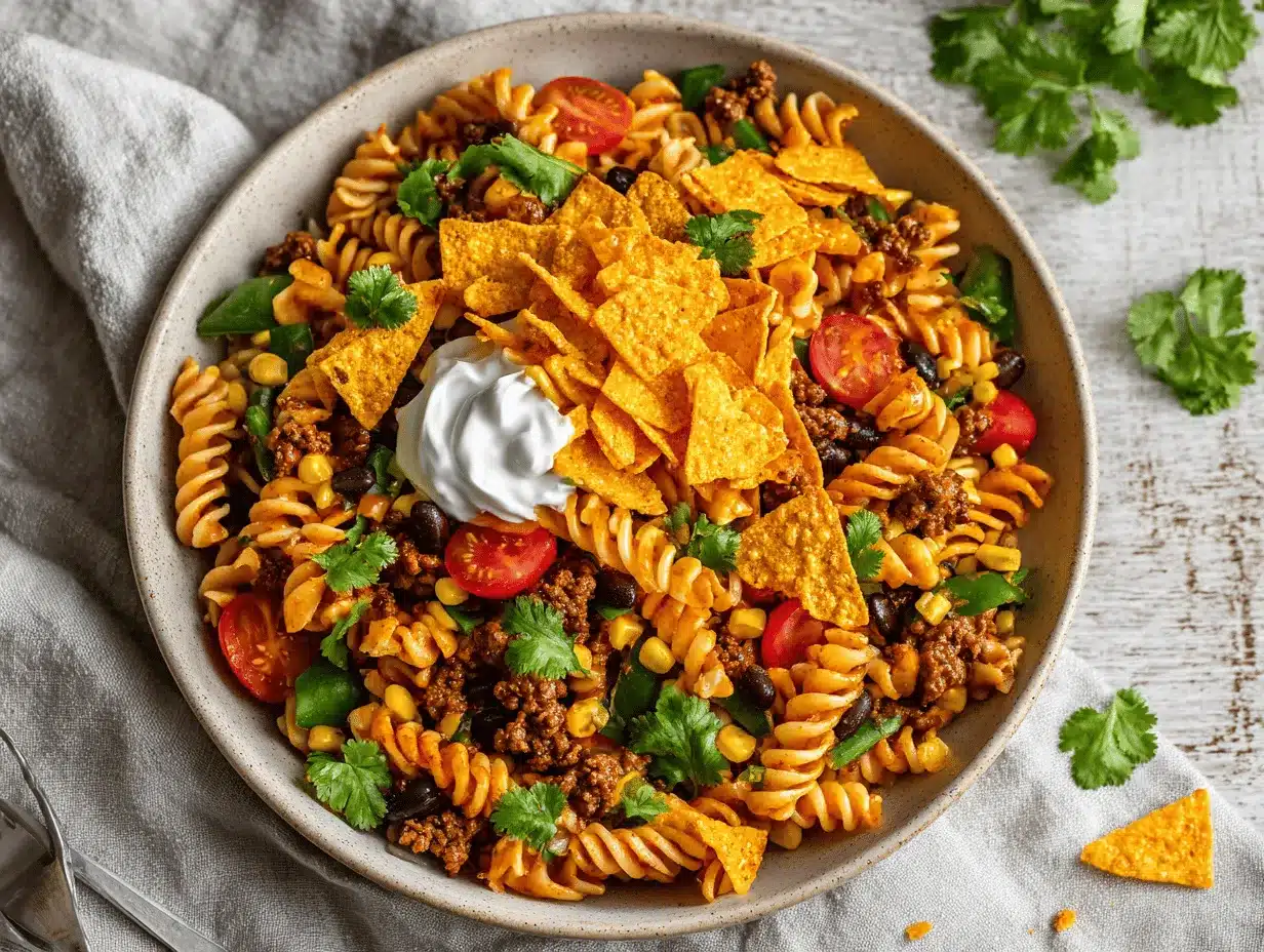 loaded Doritos taco pasta salad preparation steps
