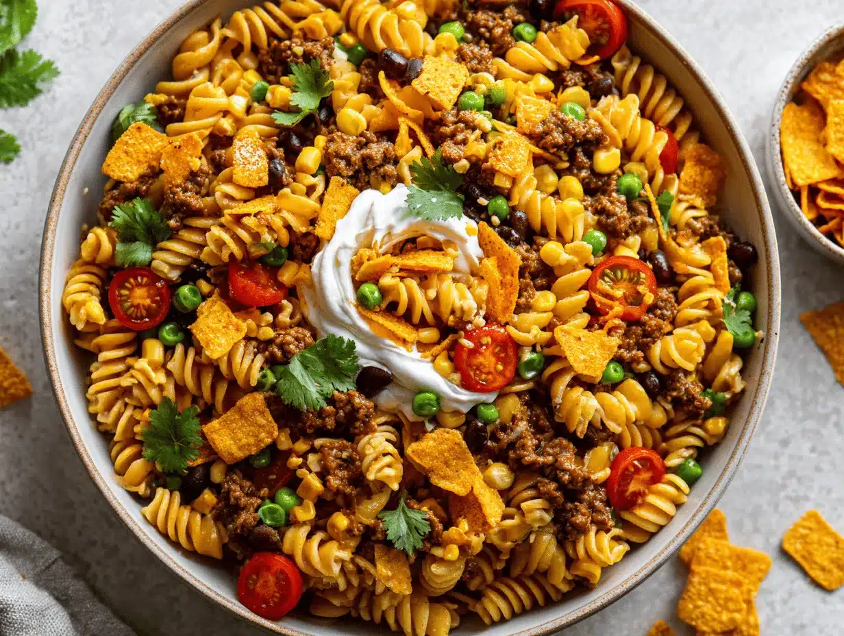 loaded Doritos taco pasta salad preparation steps