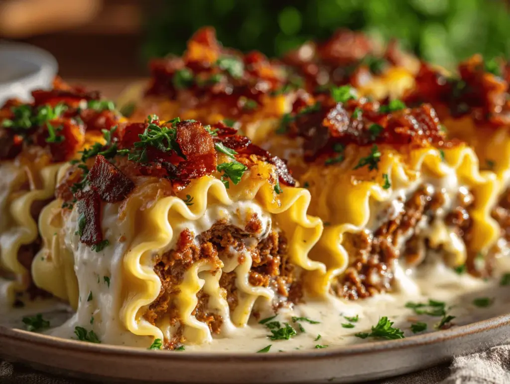 Parmesan Garlic Bacon Cheeseburger Lasagna Rolls - featured image