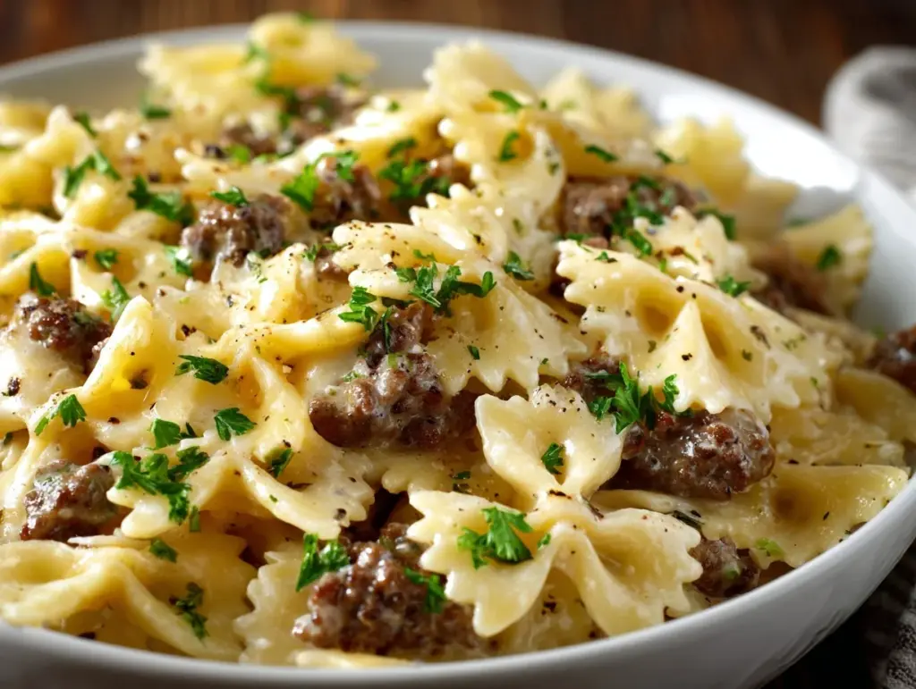 parmesan garlic beef bowtie pasta - featured image