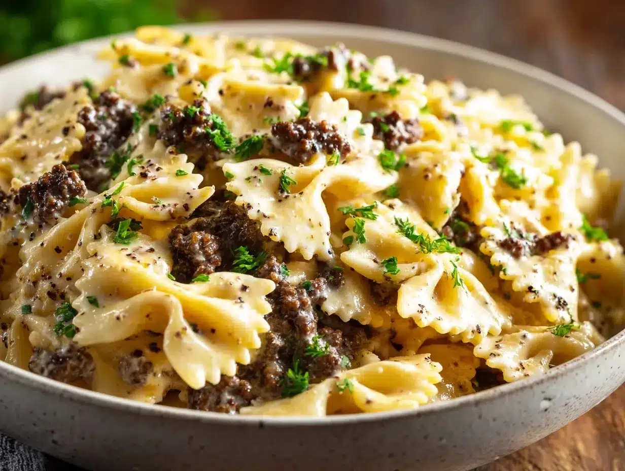 parmesan garlic beef bowtie pasta preparation steps