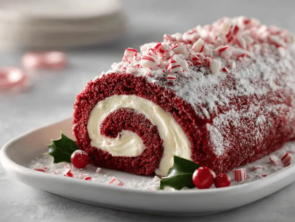 red velvet peppermint yule log cake - featured image