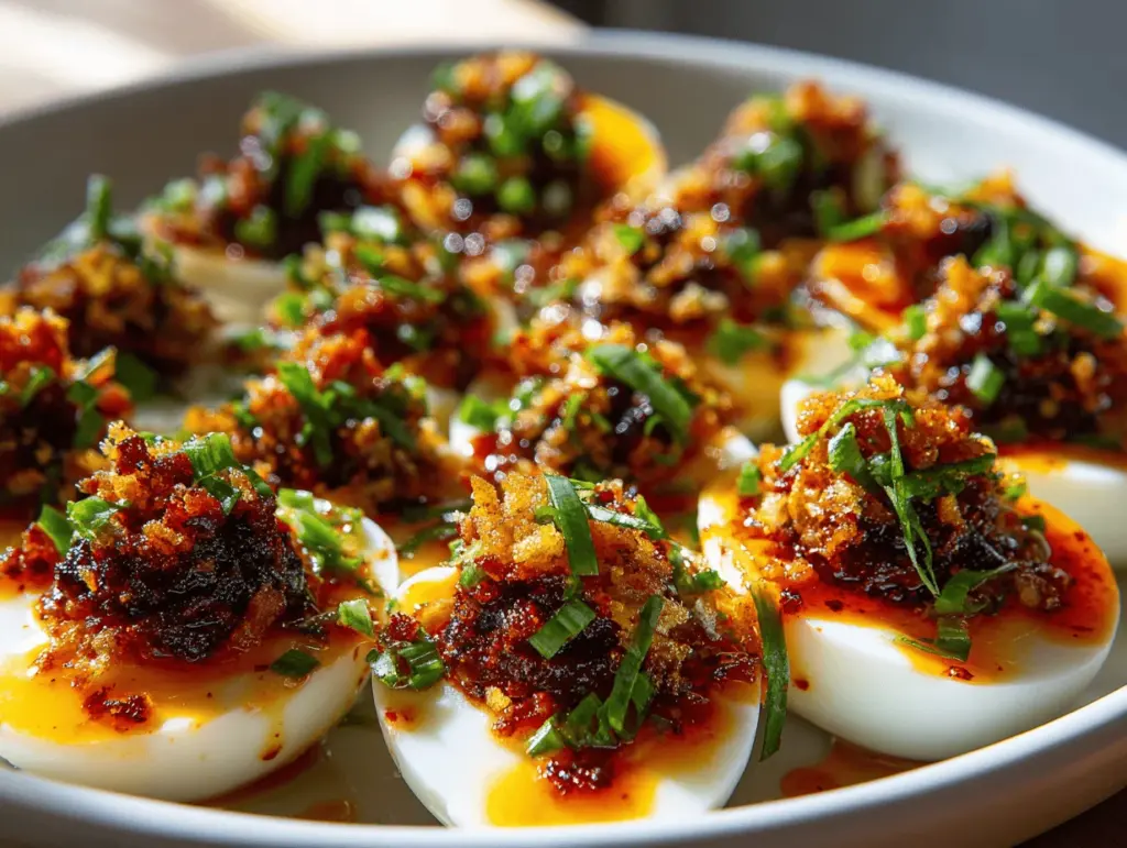 spicy chili garlic bacon deviled eggs - featured image