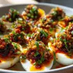 spicy chili garlic bacon deviled eggs - featured image