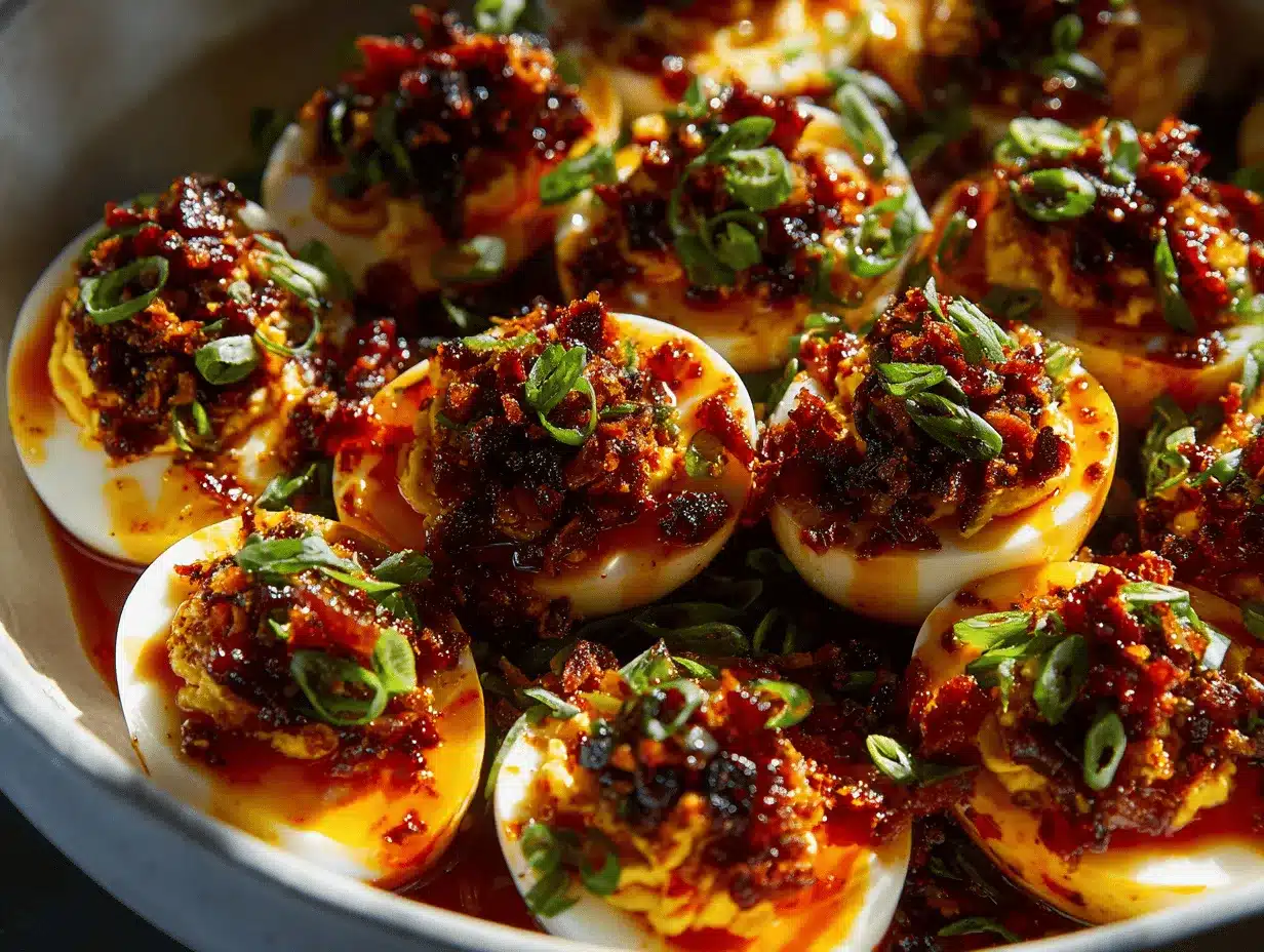 spicy chili garlic bacon deviled eggs preparation steps