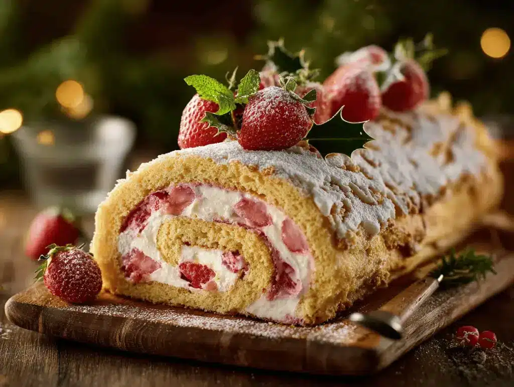 strawberry cheesecake yule log cake - featured image