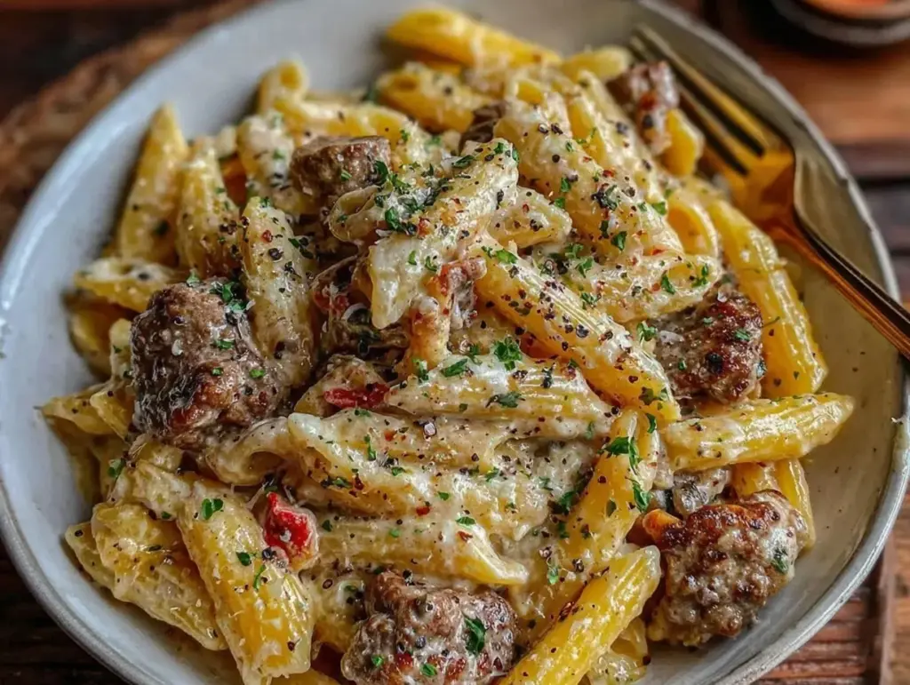 creamy garlic beef pasta - featured image