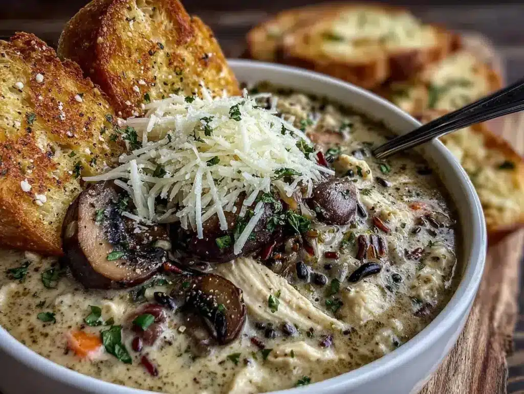 creamy mushroom chicken wild rice soup - featured image