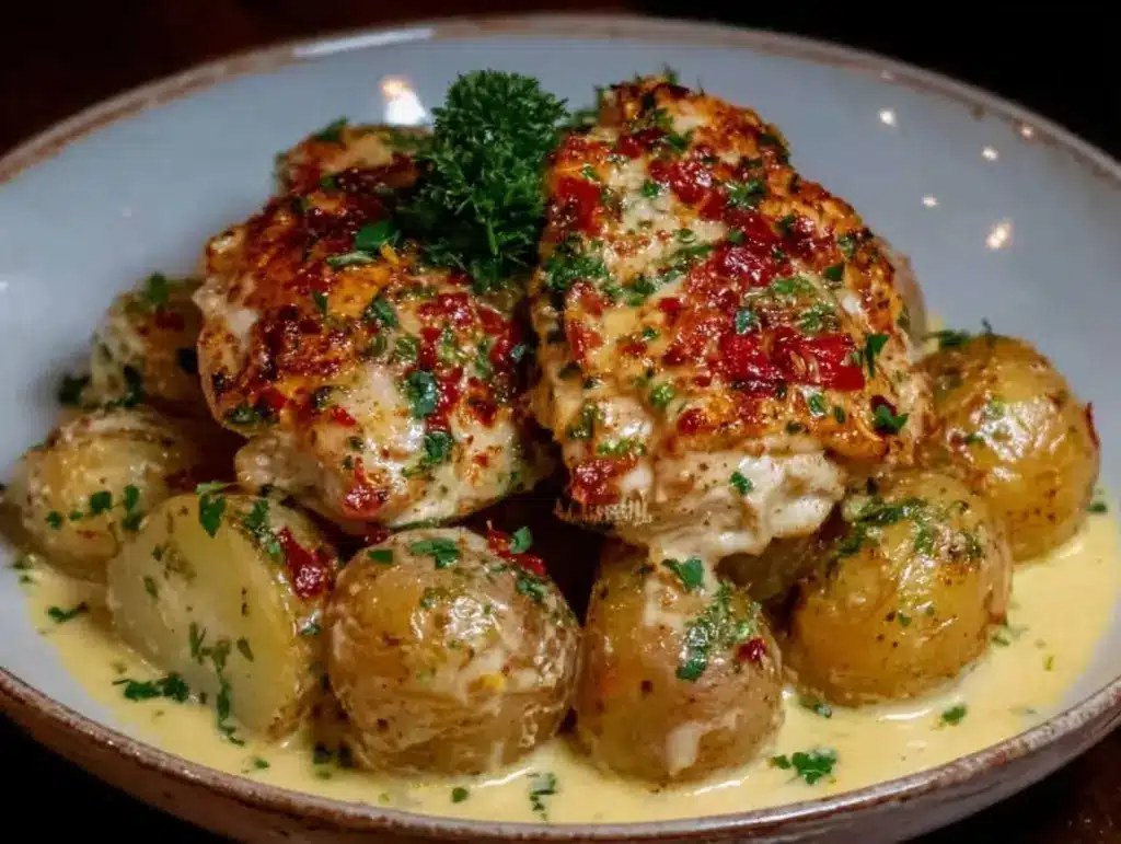 garlic parmesan chicken and potatoes - featured image