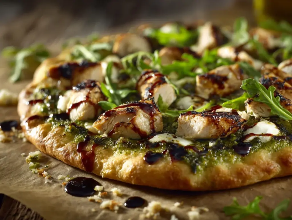 pesto chicken flatbread - featured image