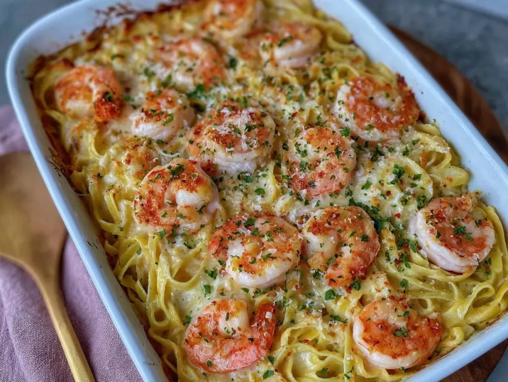 shrimp scampi pasta bake - featured image