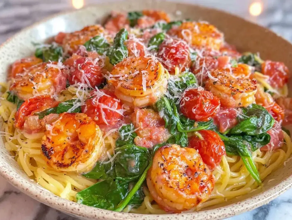 tomato spinach shrimp pasta - featured image
