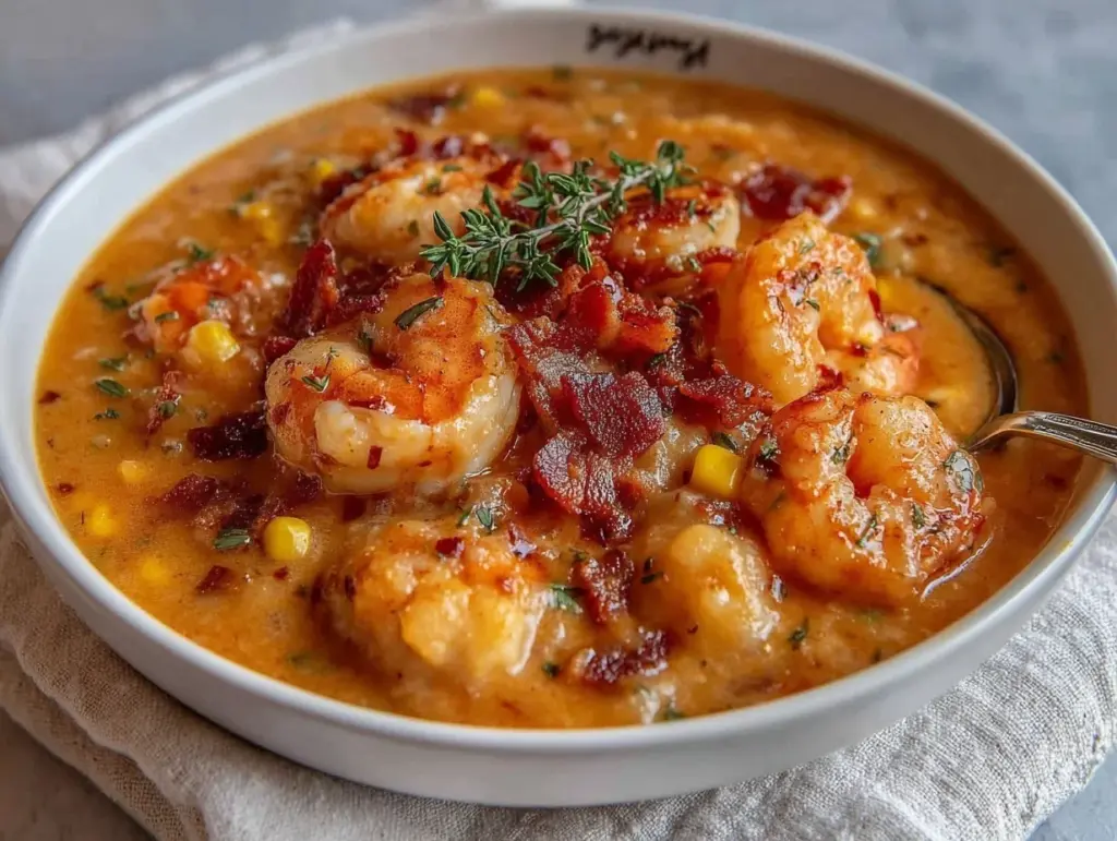 creamy bacon shrimp corn chowder - featured image