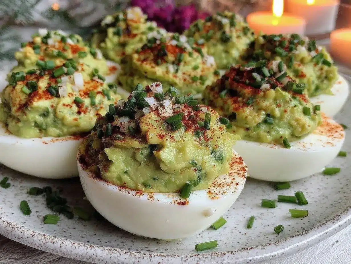 creamy green deviled eggs with avocado and herbs preparation steps