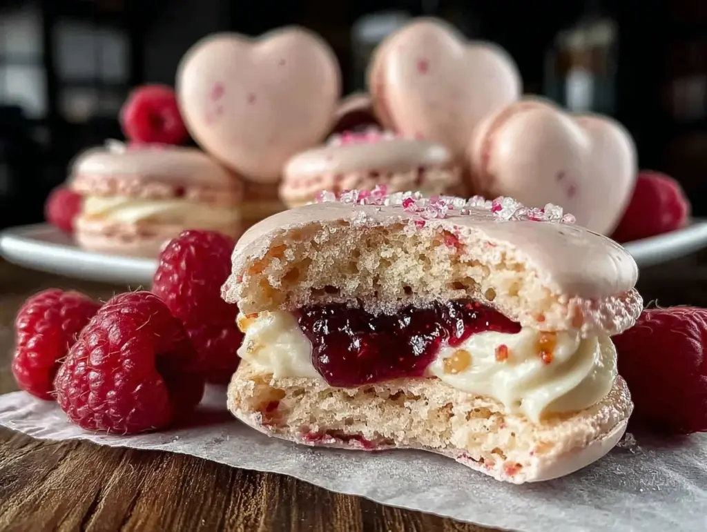 heart-shaped raspberry macarons - featured image