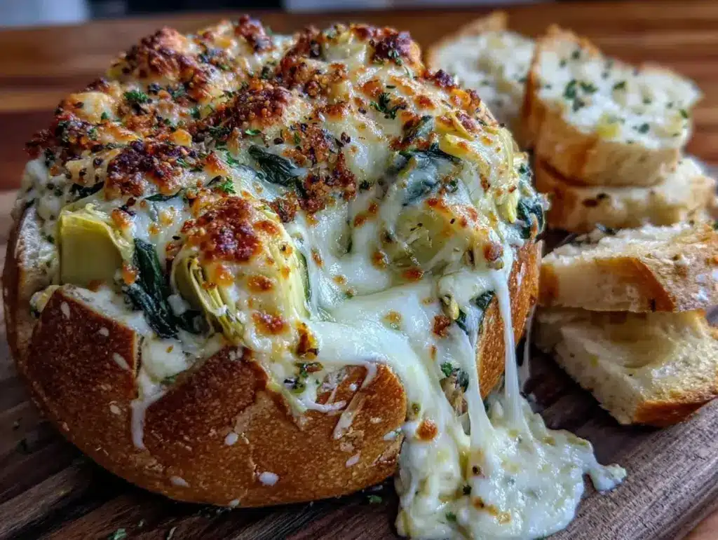 spinach artichoke stuffed bread bowl - featured image