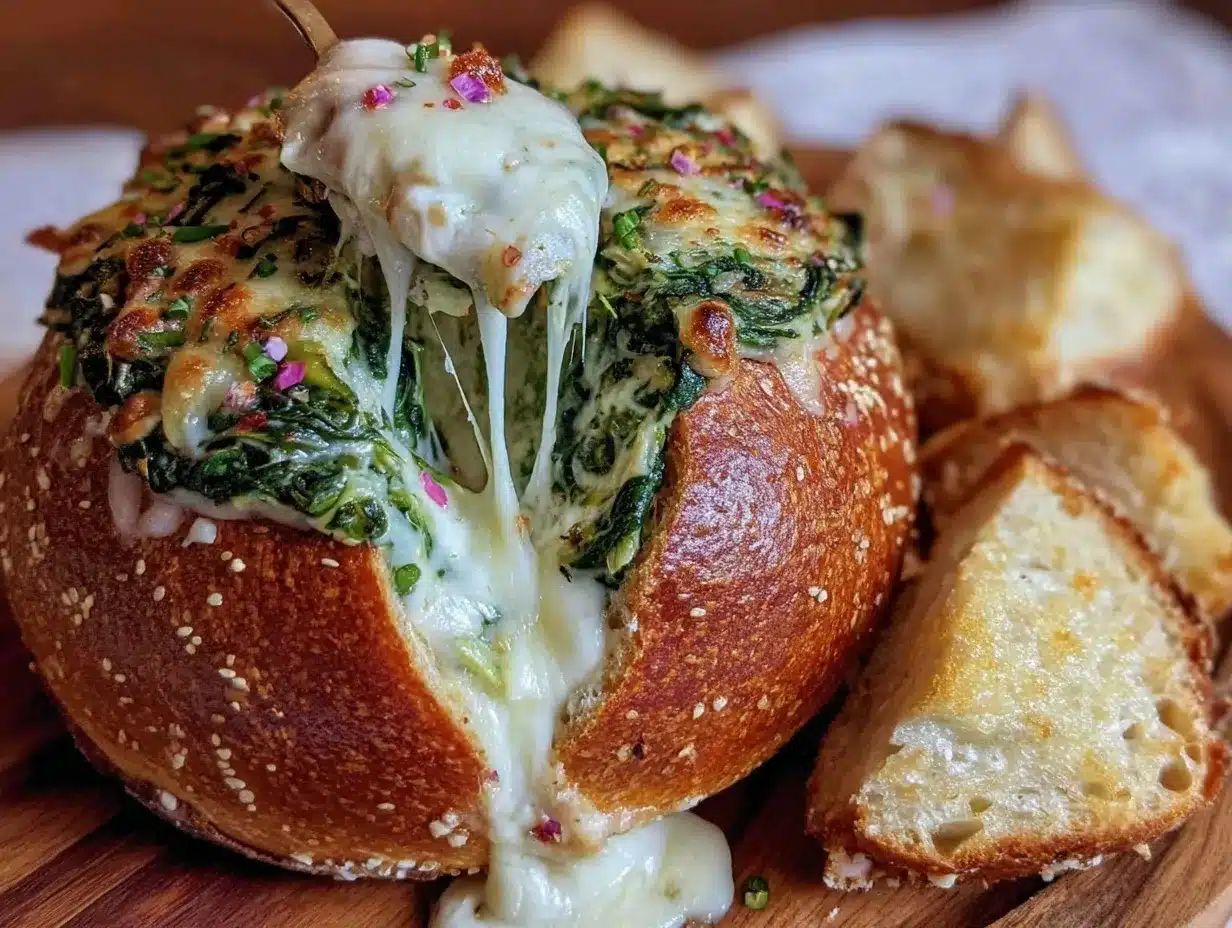 spinach artichoke stuffed bread bowl preparation steps