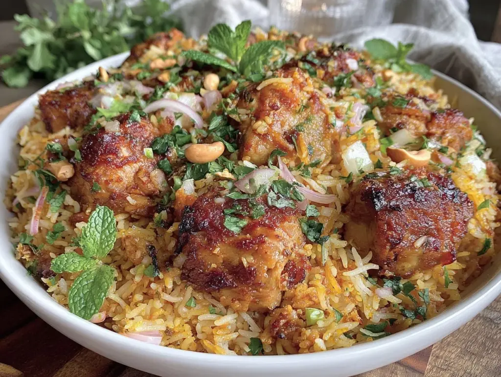chicken biryani with saffron rice - featured image