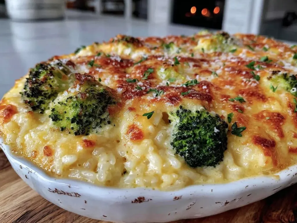 creamy broccoli cheese rice casserole - featured image