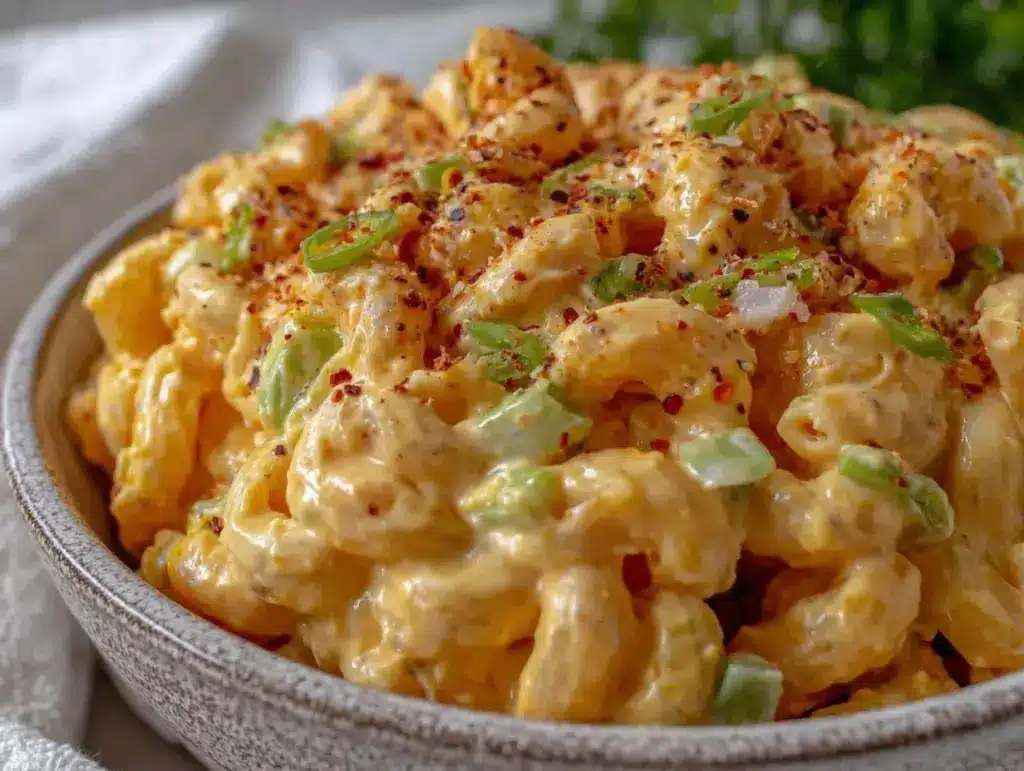 creamy deviled egg macaroni salad - featured image