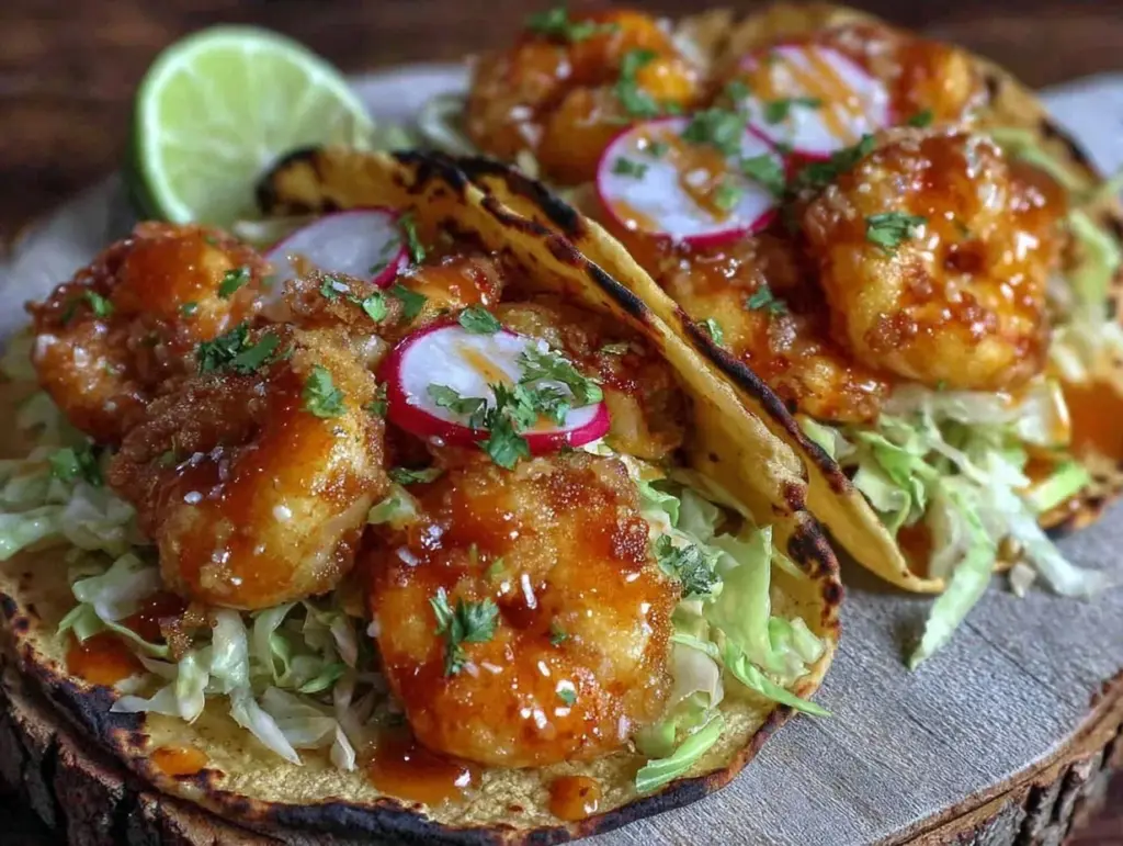 crispy bang bang shrimp tacos - featured image