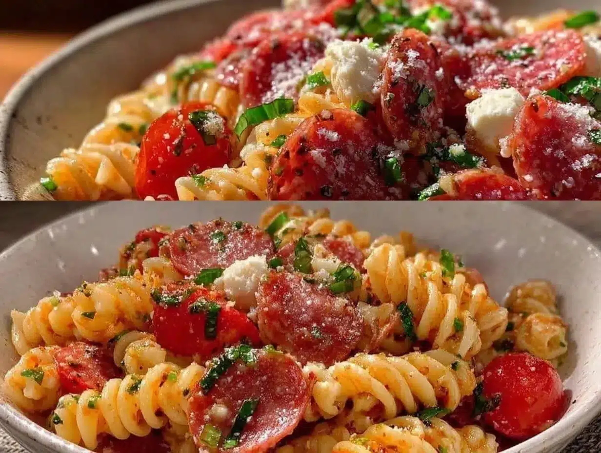 Italian pasta salad with salami preparation steps