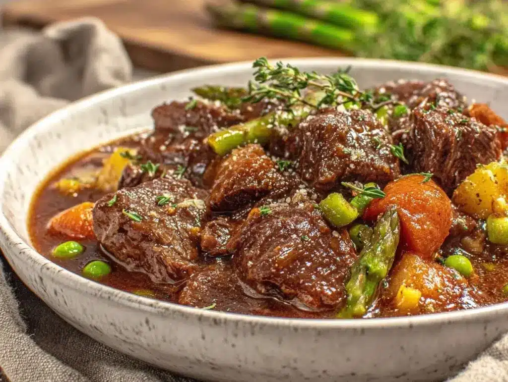 cozy crockpot spring vegetable beef stew - featured image