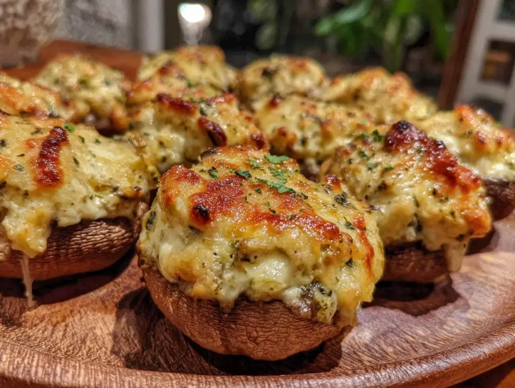 creamy artichoke spinach stuffed mushrooms - featured image