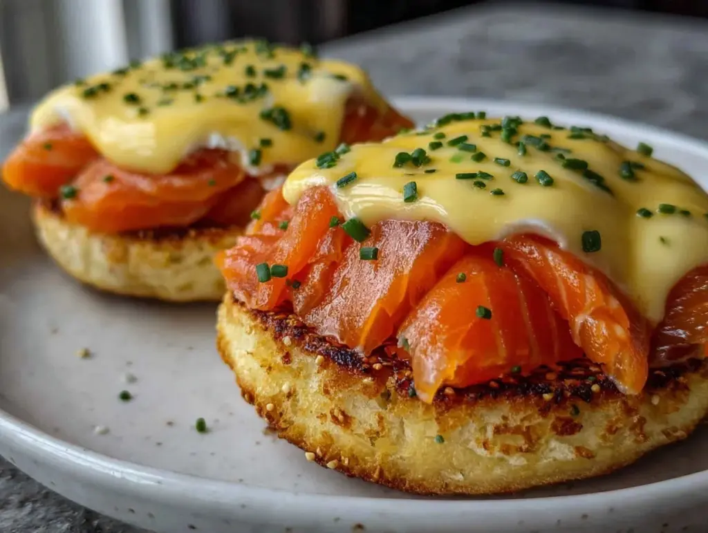 creamy eggs benedict with smoked salmon - featured image