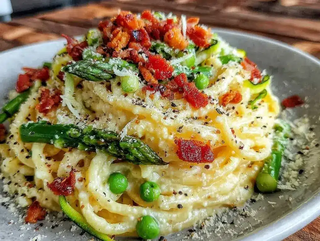creamy spring vegetable carbonara - featured image