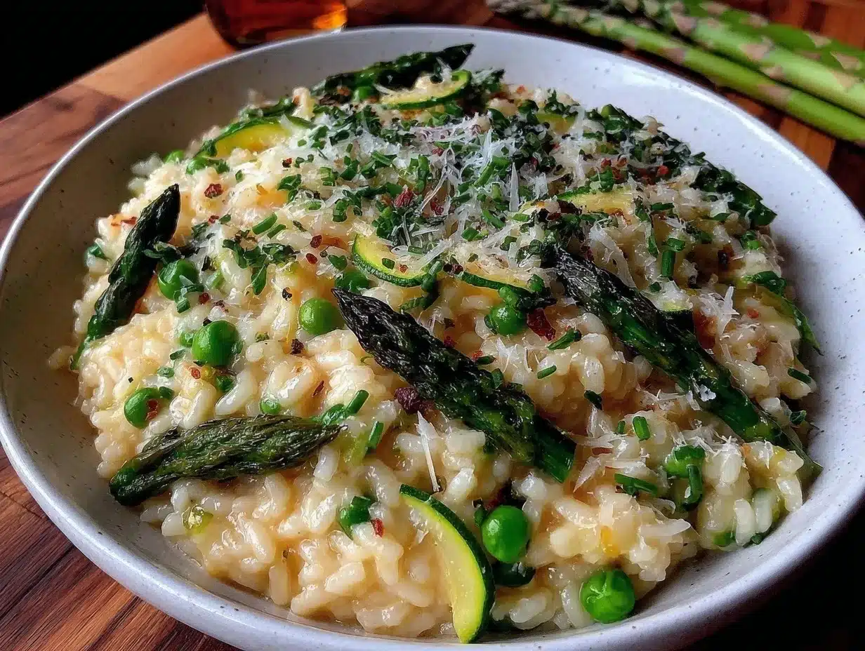 creamy spring vegetable risotto with parmesan preparation steps